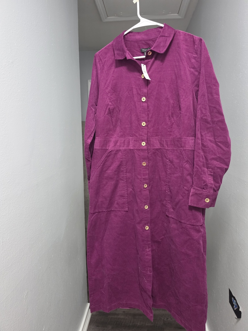 Talbots Long-Sleeve Corduroy Button-Front Dress in Magenta